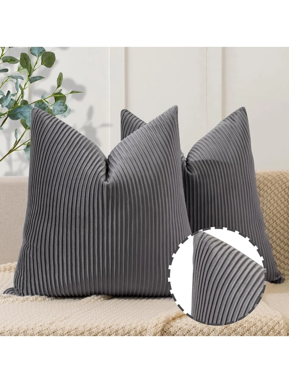 Gray Pillow Covers Velvet Striped Pattern - Soft Throw Pillows For Home Decor